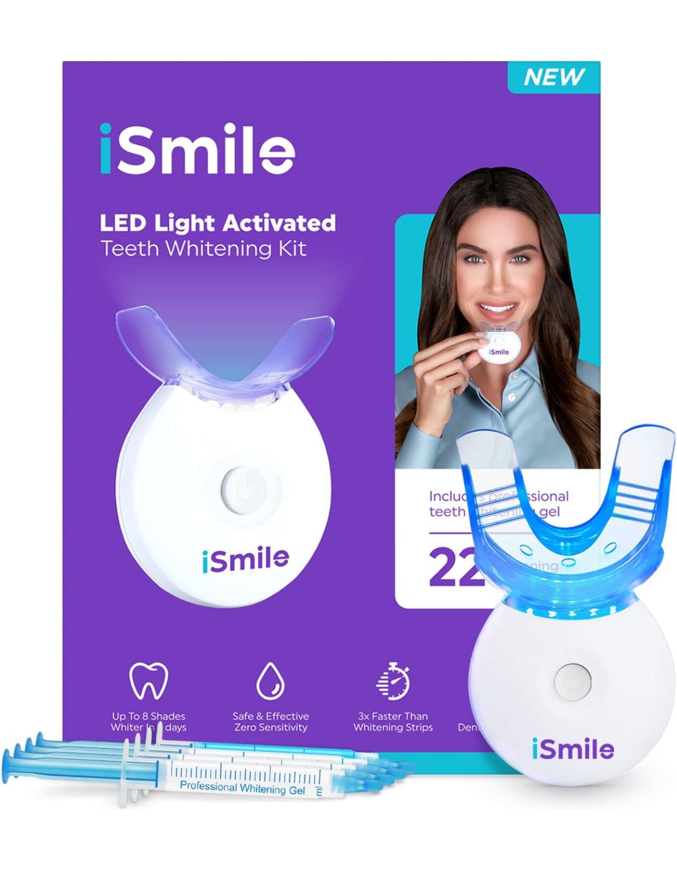 iSmile Teeth Whitening Kit - LED Light, 35% Carbamide Peroxide, (3) 3ml Gel Syringes, (1) Remineralization Gel, and Tray.