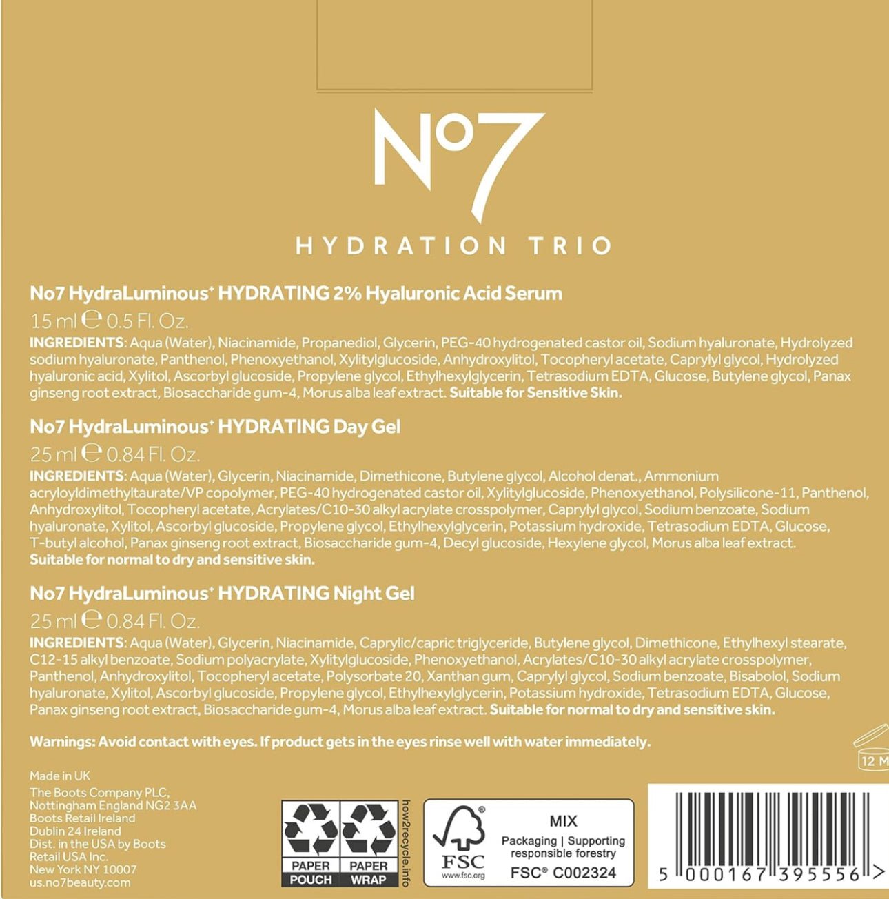 No7 Hydra Luminous+ Hydrating Trio Kit Set Day & Night Gel Hyaluronic Acid Serum